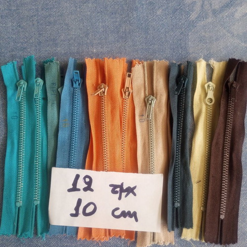 Set of 12 metal zippers, 10 cm, assorted colors