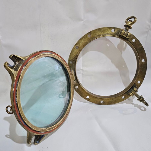 Heavy-Duty Brass Porthole Window used, thick glass, 17 kg