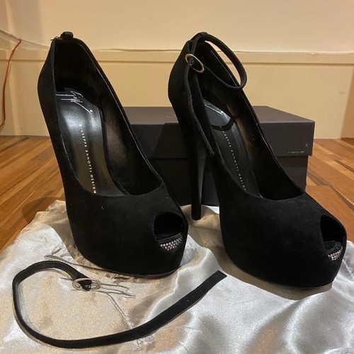 Giuseppe Zanotti black suede peep toe shoes with Swarovski crystals used, size 40