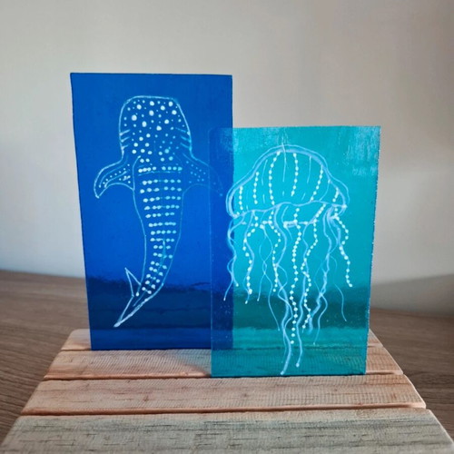 Whale Shark and Jellyfish Glass Suncatcher with Wooden Holder