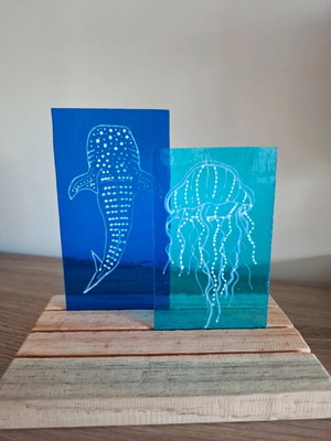Whale Shark and Jellyfish Glass Suncatcher with Wooden Holder