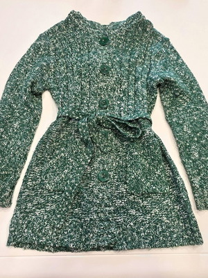 Knitted long warm cardigan with hood size M like new, green with white