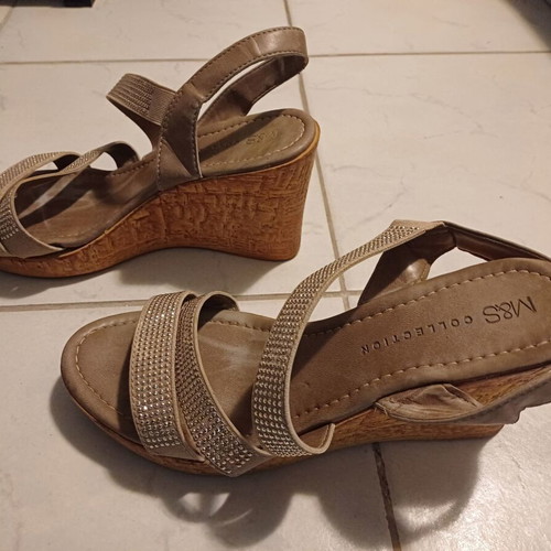 Mark's and Spencer platform sandals used, leather beige with rhinestones, size 38