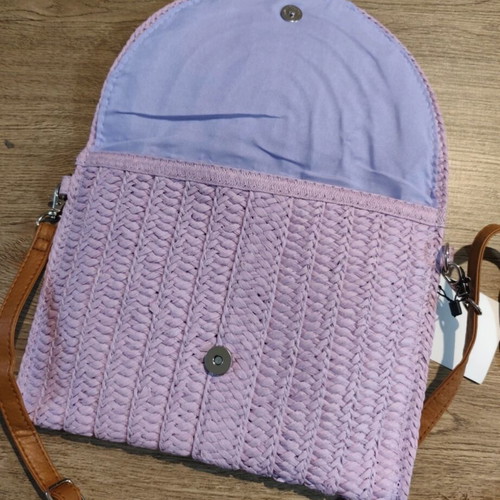 Lilac straw handbag with brown strap new