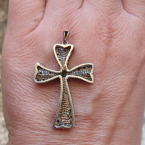 925 silver cross pendant gold plated 9k with emerald and old cut diamonds