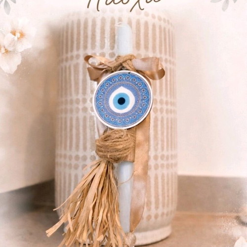 Boho Easter Candle with Eye new, blue and earthy tones