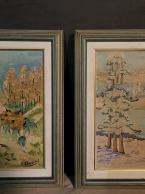 Σετ 2 πίνακες ζωγραφικής Ε. Καρατσου μεταχειρισμένοι, ελαιογραφίες 1992