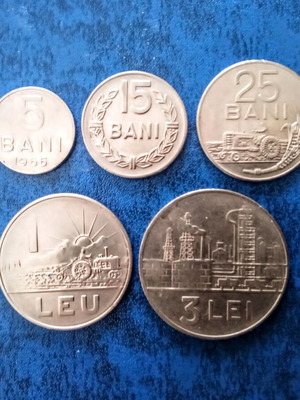 Romanian coins used, pack of 5, 1966
