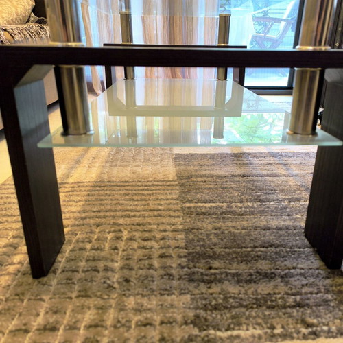 Modern coffee table used, glass and wood, 100x60x42 cm