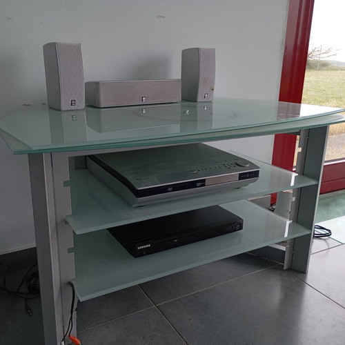 Glass TV Stand with Metal Frame and Rotating Base like new