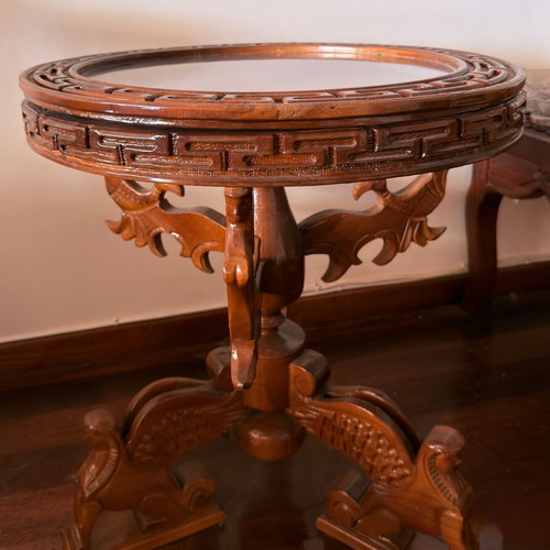 Handcrafted carved wooden coffee table with display case