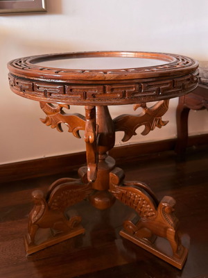 Handcrafted carved wooden coffee table with display case