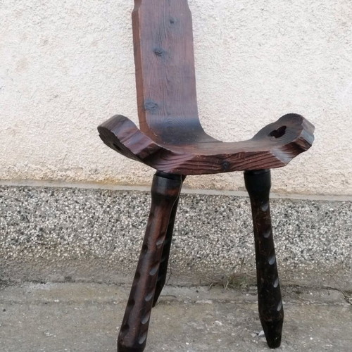 Spanish brutalist hand-carved oak chair used