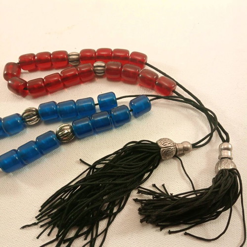Two worry beads red and blue 30 and 35 cm synthetic with transparent beads