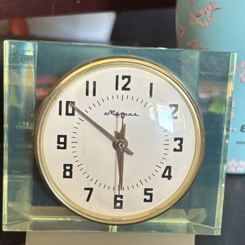 Molnija vintage Soviet table clock used, mechanical winding