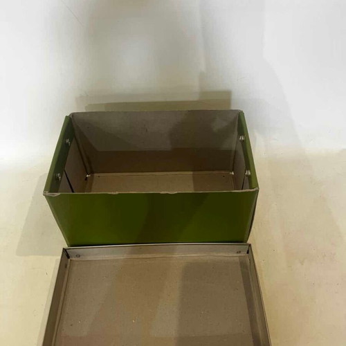 Storage box used, green with metal details and leather effect 14x26x15.5
