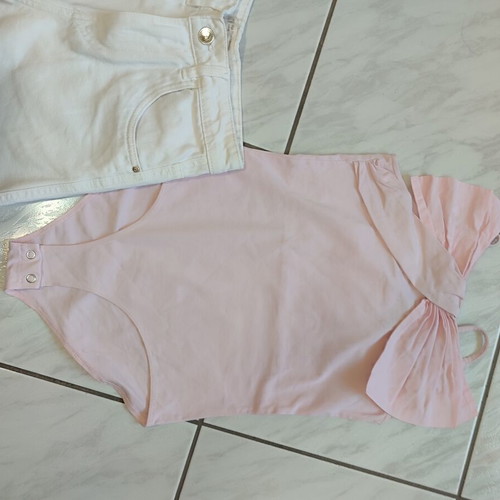 Zara pink bodysuit and white denim shorts set