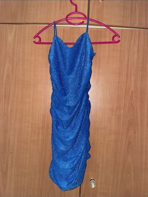 Shein blue shiny dress with straps and side ruching like new