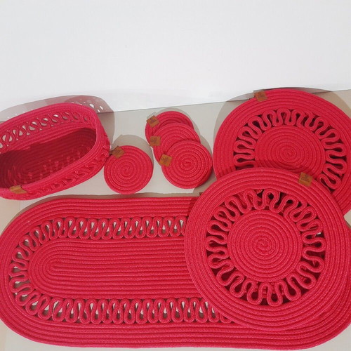 Set of 14 red placemats, runner, coasters like new