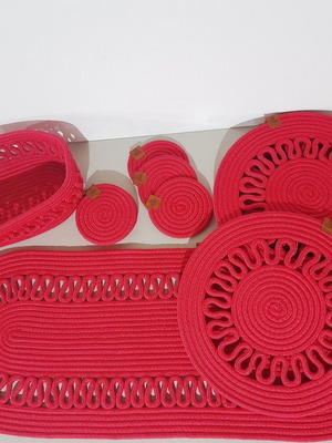 Set of 14 red placemats, runner, coasters like new