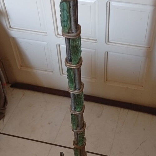 Handmade vintage Brutalist floor candle holder with green glass