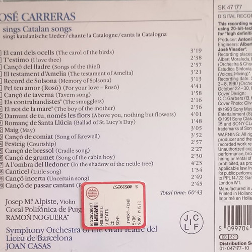 Jose Carreras Sings Catalan Songs CD used, classical