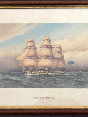 Chromolithograph with frame new, Royal Navy battle ship