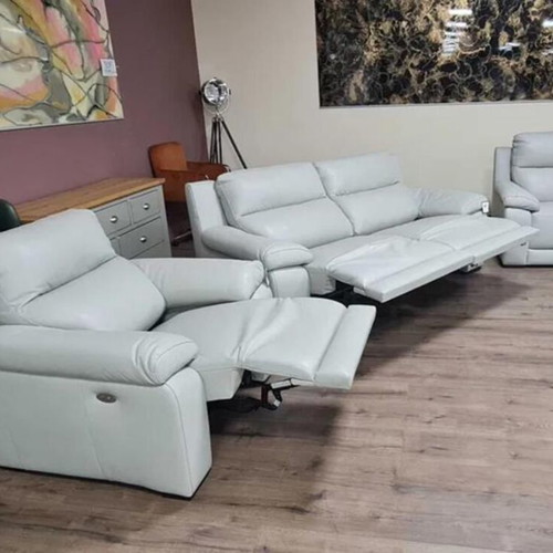 Italian gray leather sofa set Moreno three-seater and two armchairs new