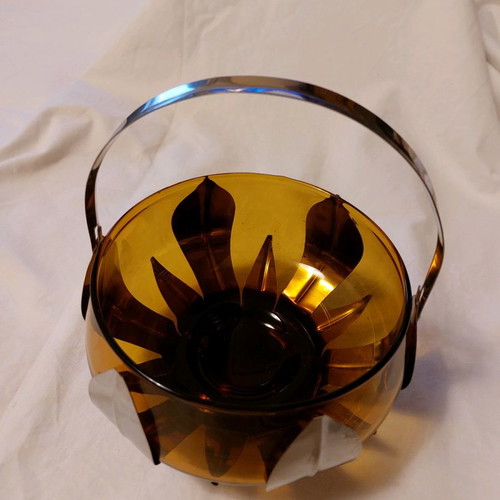 Fondue pot used 14×9 cm honey crystal with silver-plated basket