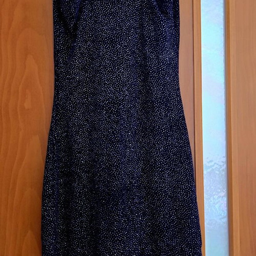 Black dress with purple silver details, elegant fit, thin straps