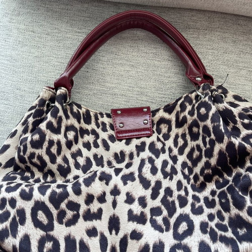 Leopard Print Shoulder Bag like new with Rhinestone Cross and Burgundy Trim