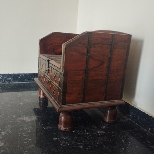 Handmade wooden chest with backrest and hidden storage vintage ethnic