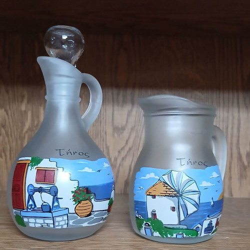 Glass souvenir pitchers from Tinos, like new, set of two 250ml