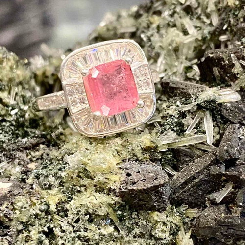 Handmade silver ring with natural pink tourmaline and moissanite