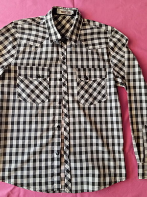 Youstar men's long-sleeve black and white checked shirt Large slim fit like new