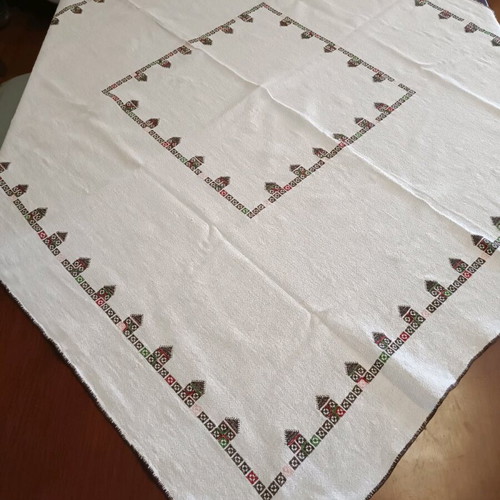 Handmade woven tablecloth with embroidery used 120x120