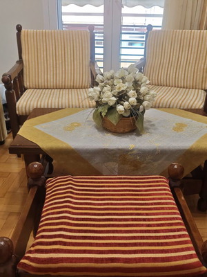 Wooden living room set with 2 large chairs, table and stool