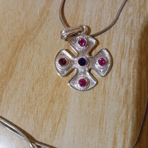 Silver cross and chain set 925, Byzantine style with red and blue stones