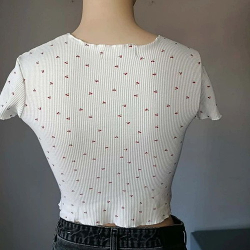 Bershka Cherry Crop Top white ribbed, like new, size XS