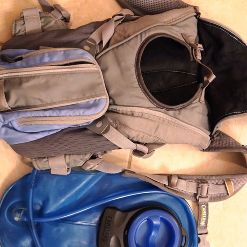 CamelBak hydration backpack with water reservoir, like new, gray/blue