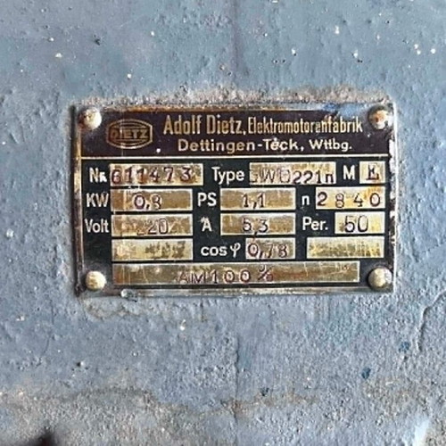 Adolf Dietz Single-Phase Electric Motor 1.1 HP Used with Pulley