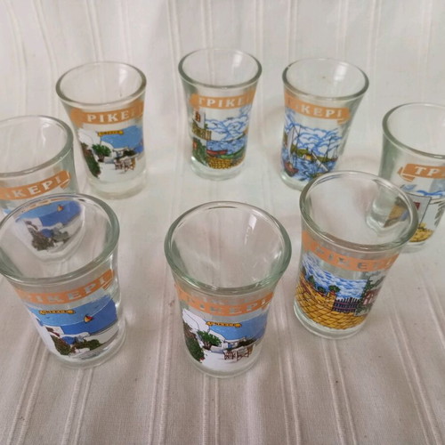 Set of 10 new shot glasses with designs and Trikeri inscription