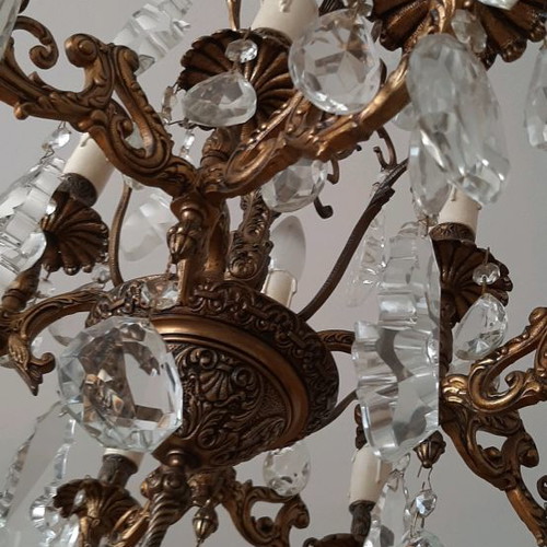 Bronze chandelier used with multiple crystals, vintage 70's from USA