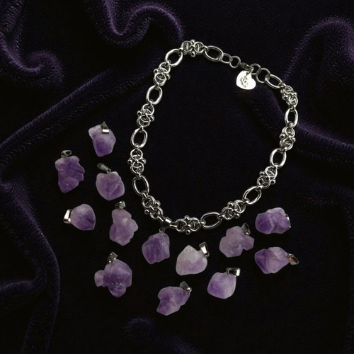 Love X Poison Handmade Stainless Steel Chainmail Necklace with Natural Amethyst Pendant