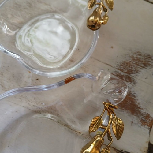 Vintage glass bowls shaped like pears with brass fruit detail, like new