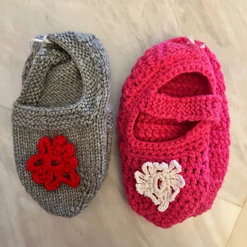 Handmade knitted baby slippers new, pair, gray and pink