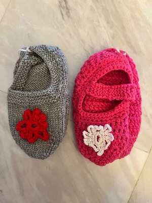 Handmade knitted baby slippers new, pair, gray and pink