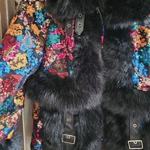 Azaka Fur Outerwear Onesize with Faux Leather and Sequin Embroidery, New
