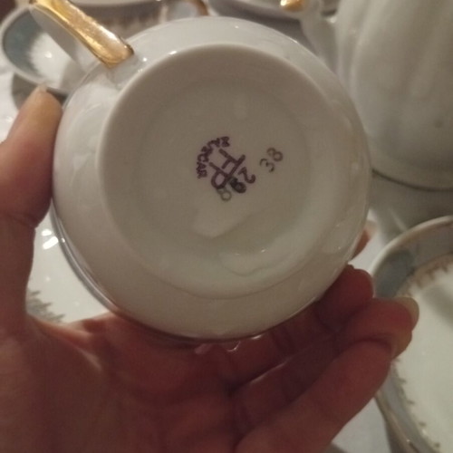 Porcelain vintage luxury tea set, 8 pieces, white and light blue