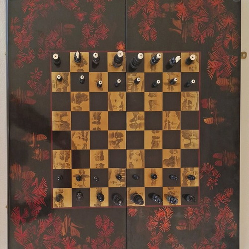 Vintage handmade chess and backgammon set 1960s mahogany and olive used